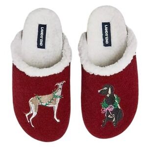 Lands End Womens 7 Burgundy Multi Dogs Sherpa Lined‎ Felt Clog House Slippers